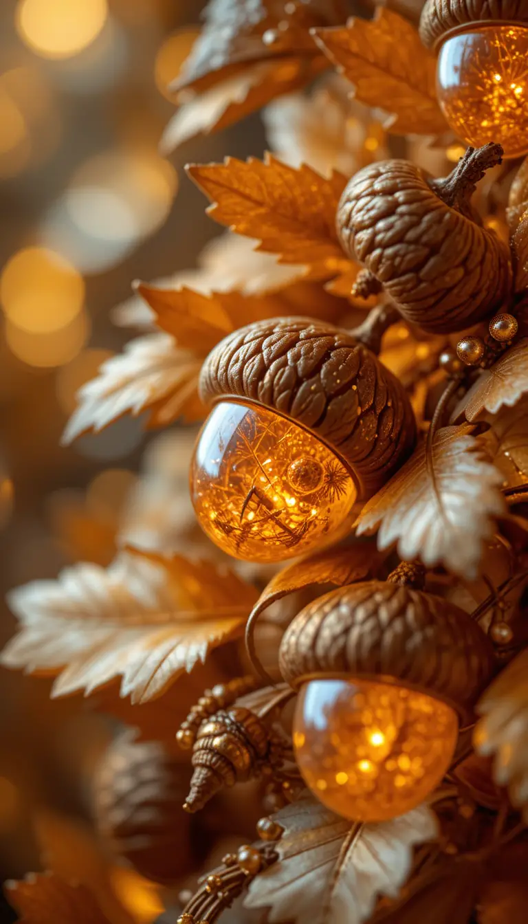 Golden acorns and leaves with glowing amber light