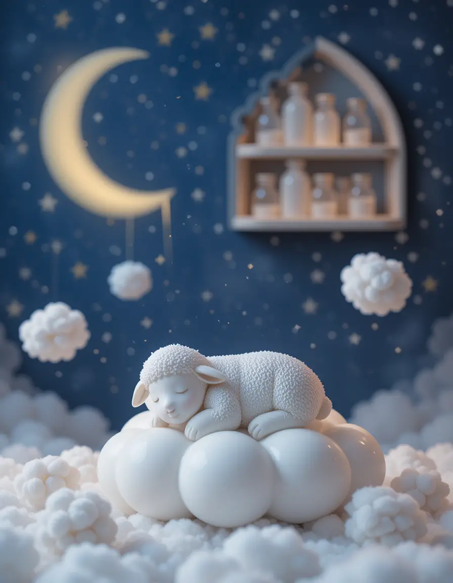 Sleeping ceramic sheep resting on a fluffy cloud