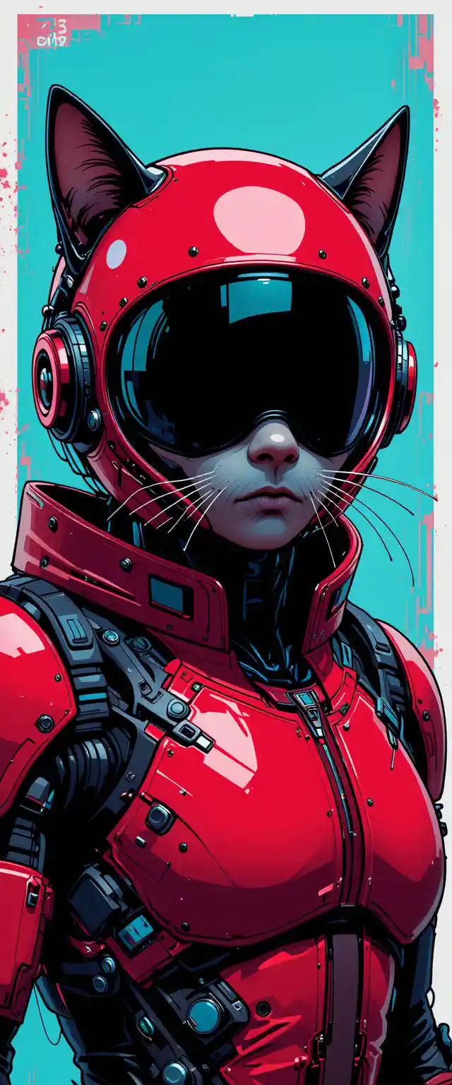 Cyberpunk cat cyborg in black and red tech armor