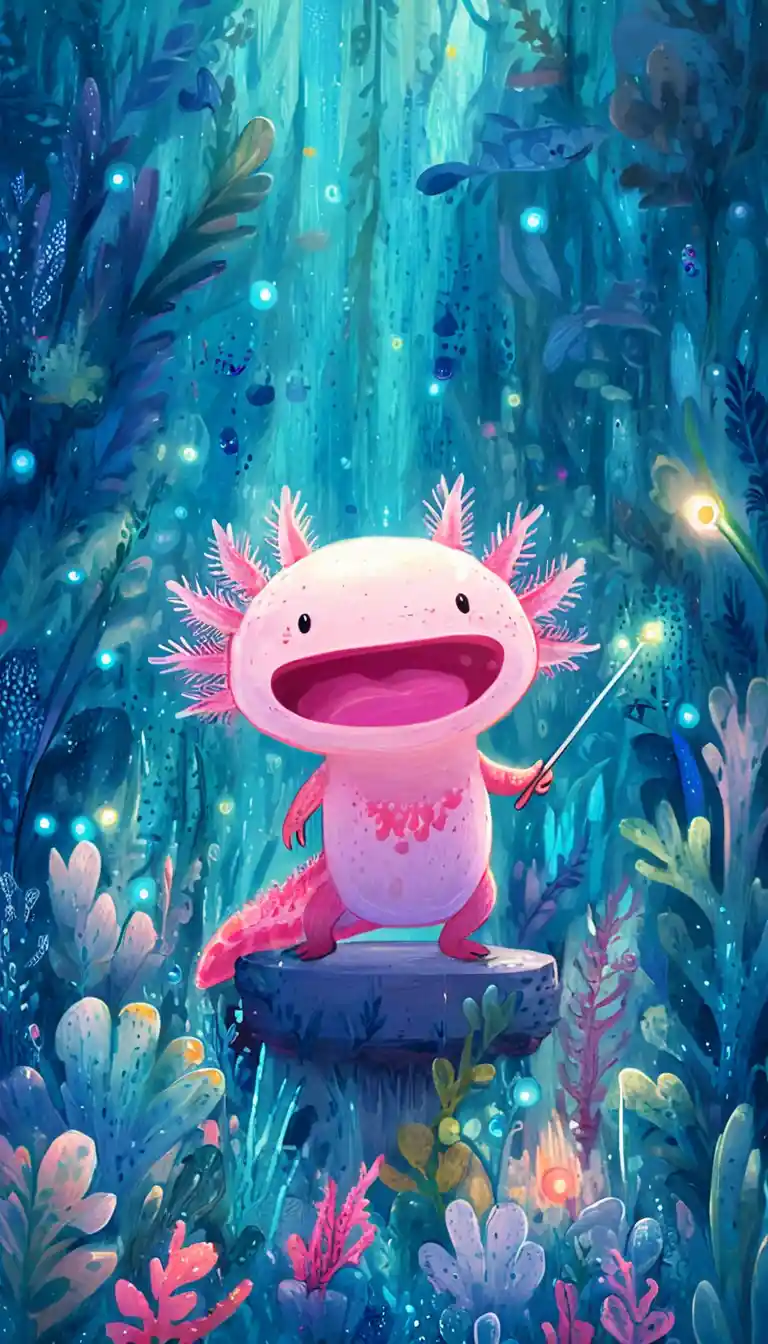 Cute pink axolotl with glowing wand underwater
