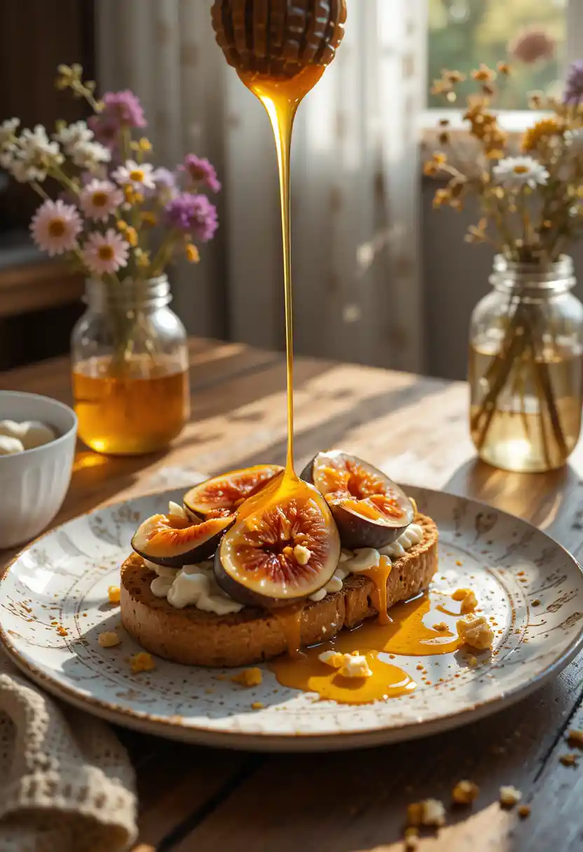 Golden honey dripping over fig and ricotta toast