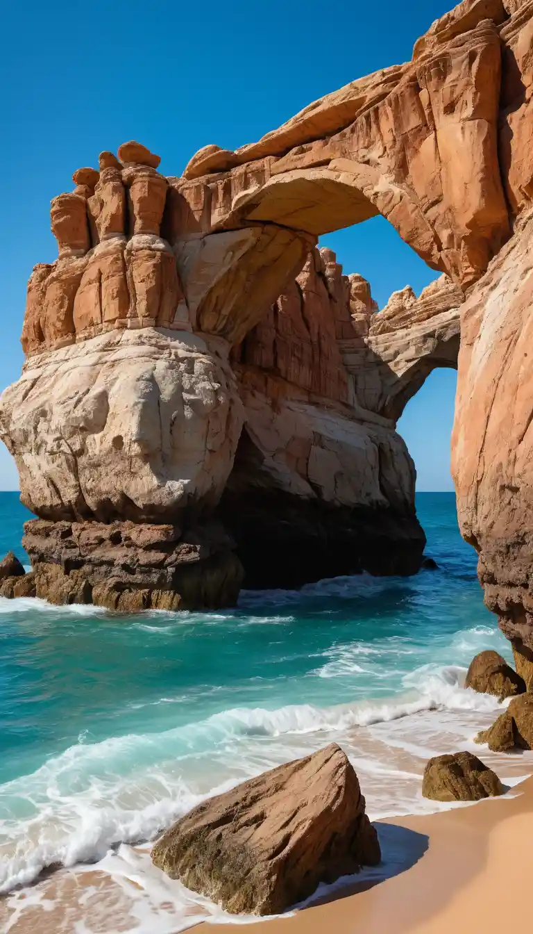 Rocky coastal archway above turquoise tidal pool