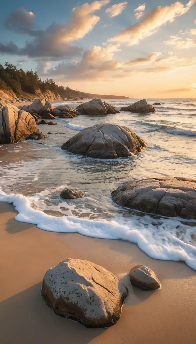 Peaceful rocky beach cove at sunset with gentle waves