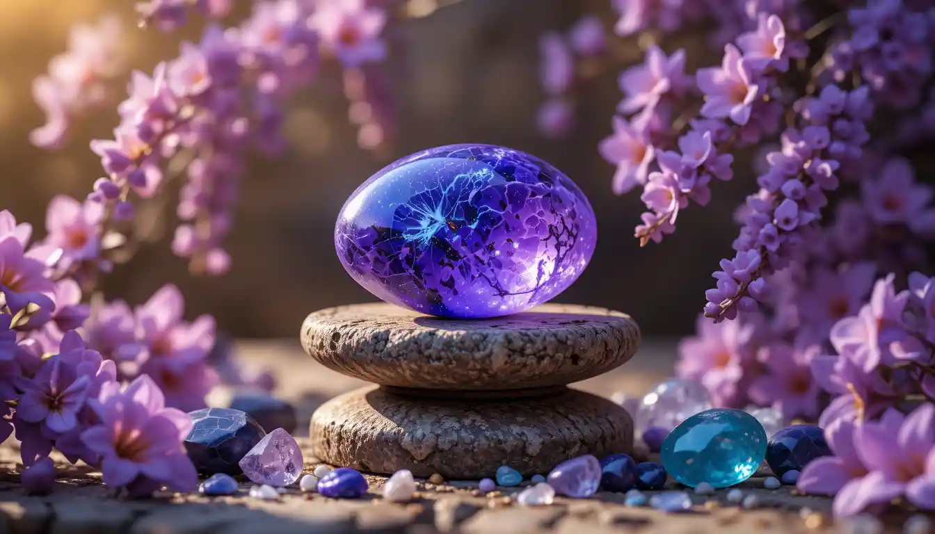 Purple gemstone still life with flowers and glowing light