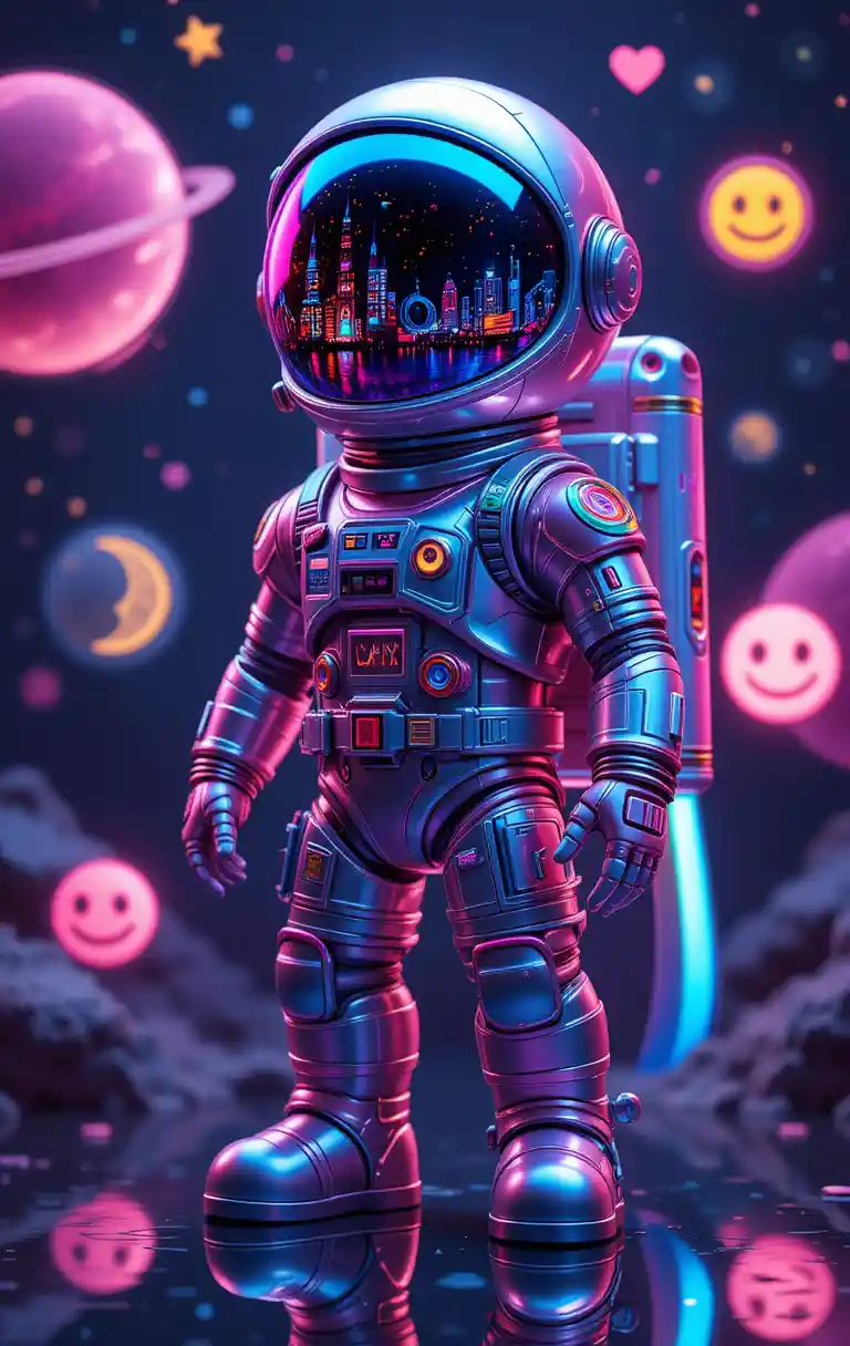 Chibi astronaut designer toy in neon cosmic city glow