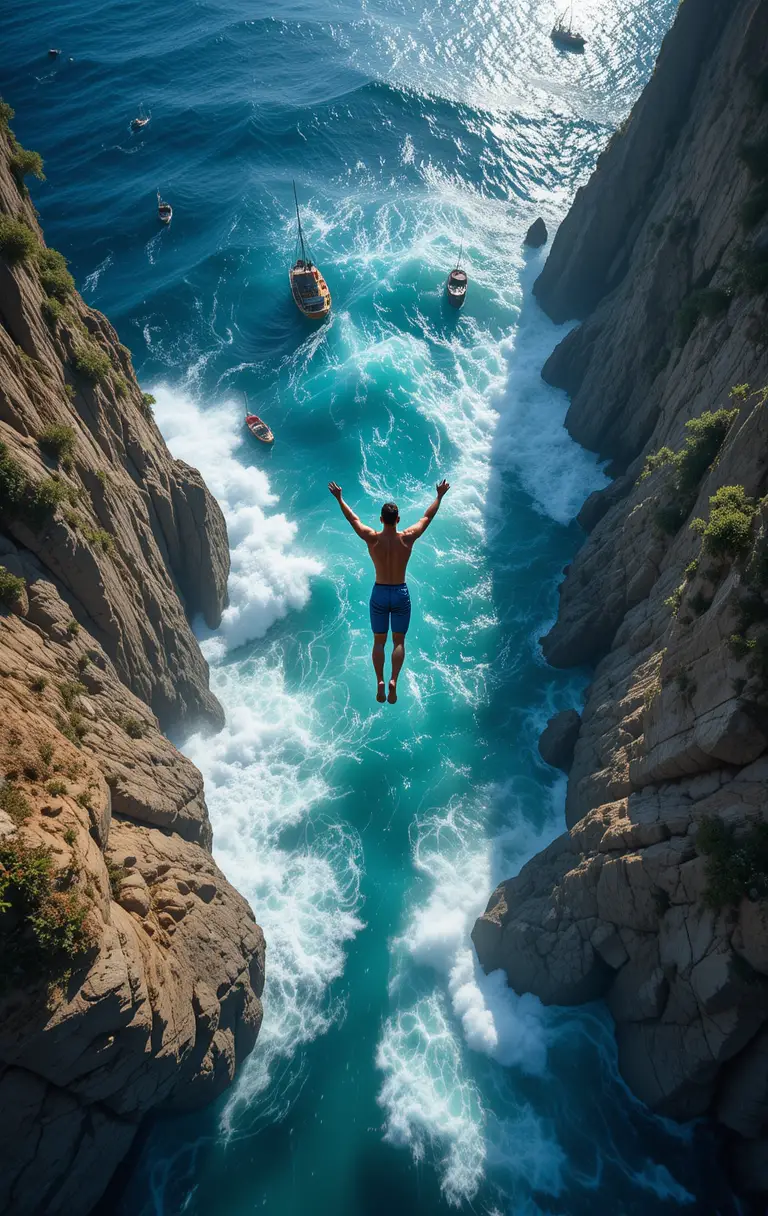 Point of view of cliff diver falling toward ocean