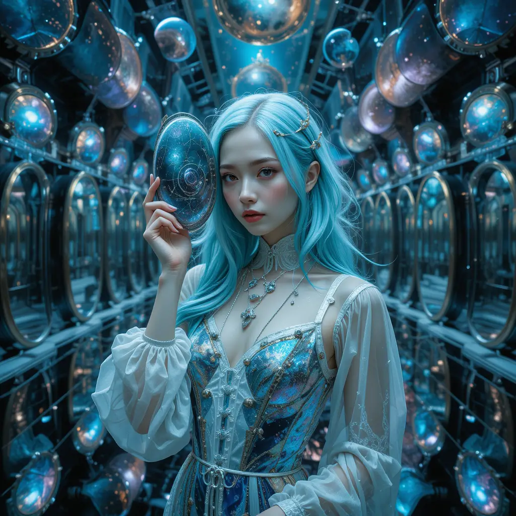 Woman with mercury hair in infinite broken mirror room