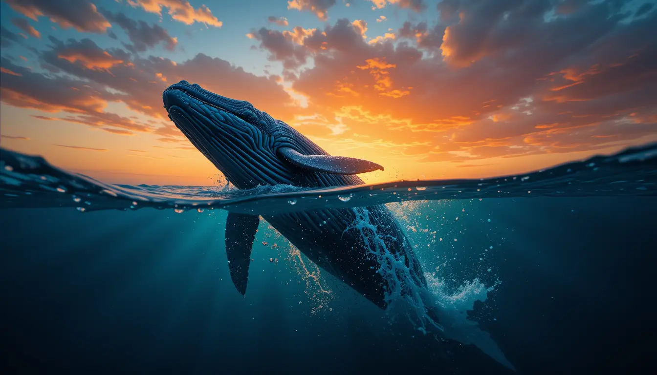 Humpback whale breaching against a glowing sunset sky