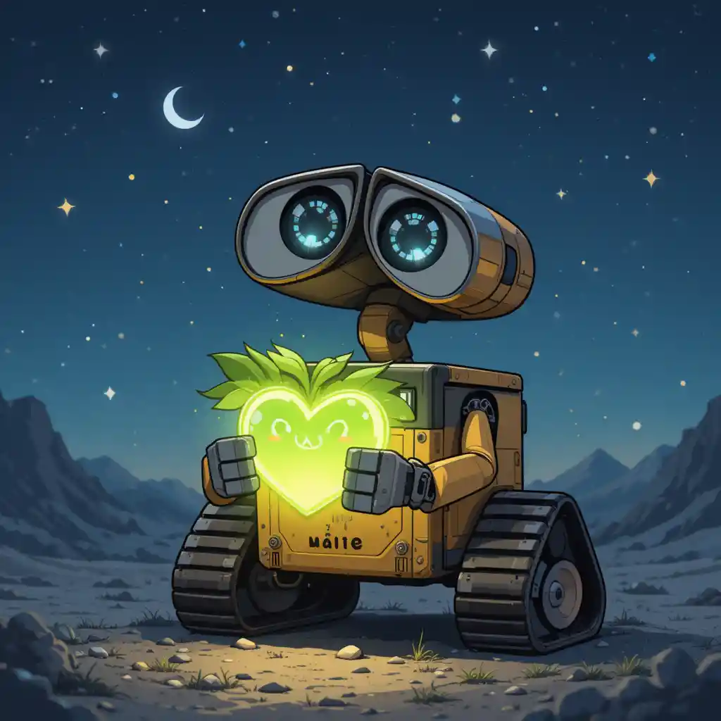 Chibi robot holding glowing heart shaped plant under stars