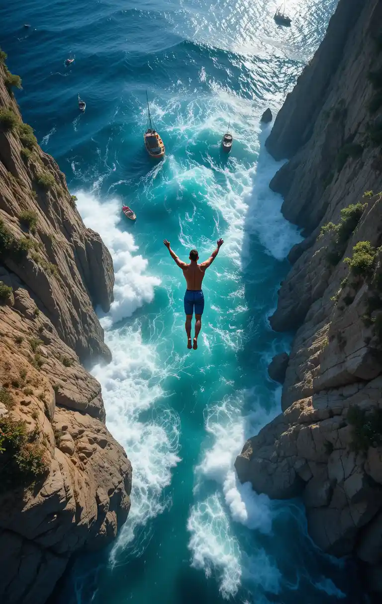 Point of view of cliff diver falling toward ocean
