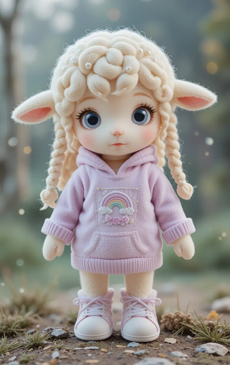 Cute lamb plush girl in lavender hoodie with beads