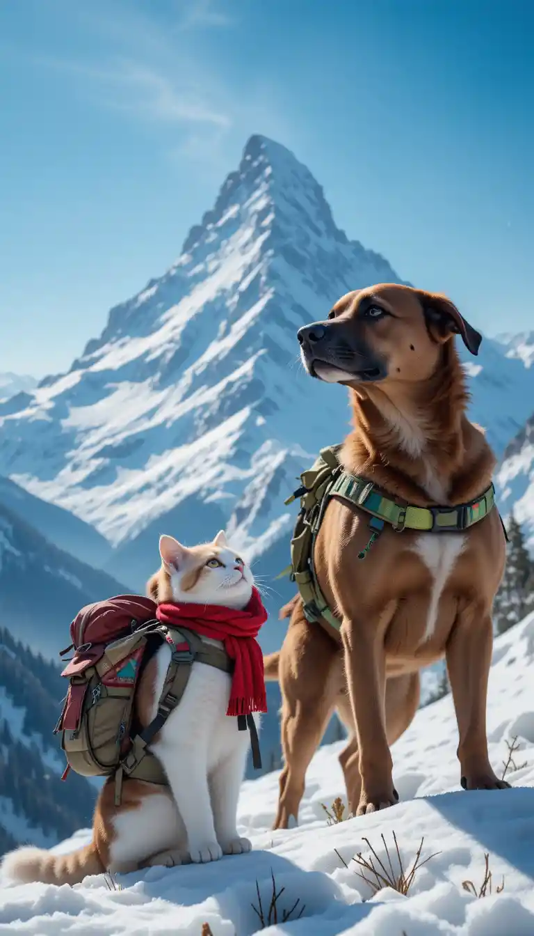 Cat And Dog Looking Up At Snowy Mountain Peak