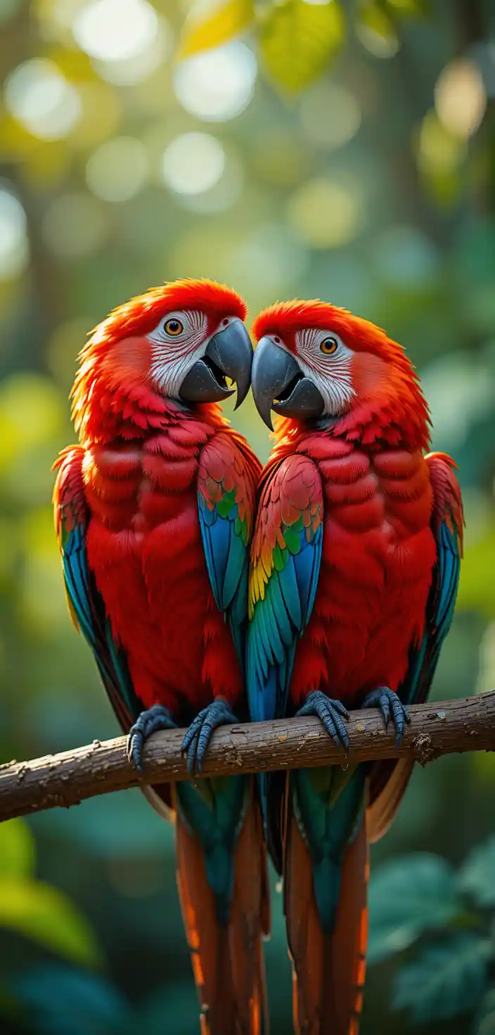 Guacamayos coloridos posados en una rama de la selva bañada por el sol