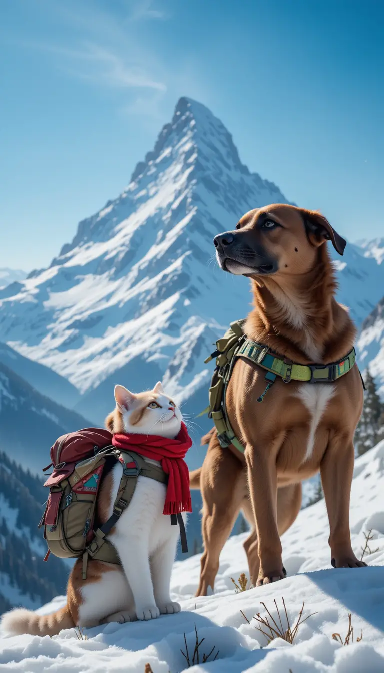 Cat And Dog Looking Up At Snowy Mountain Peak
