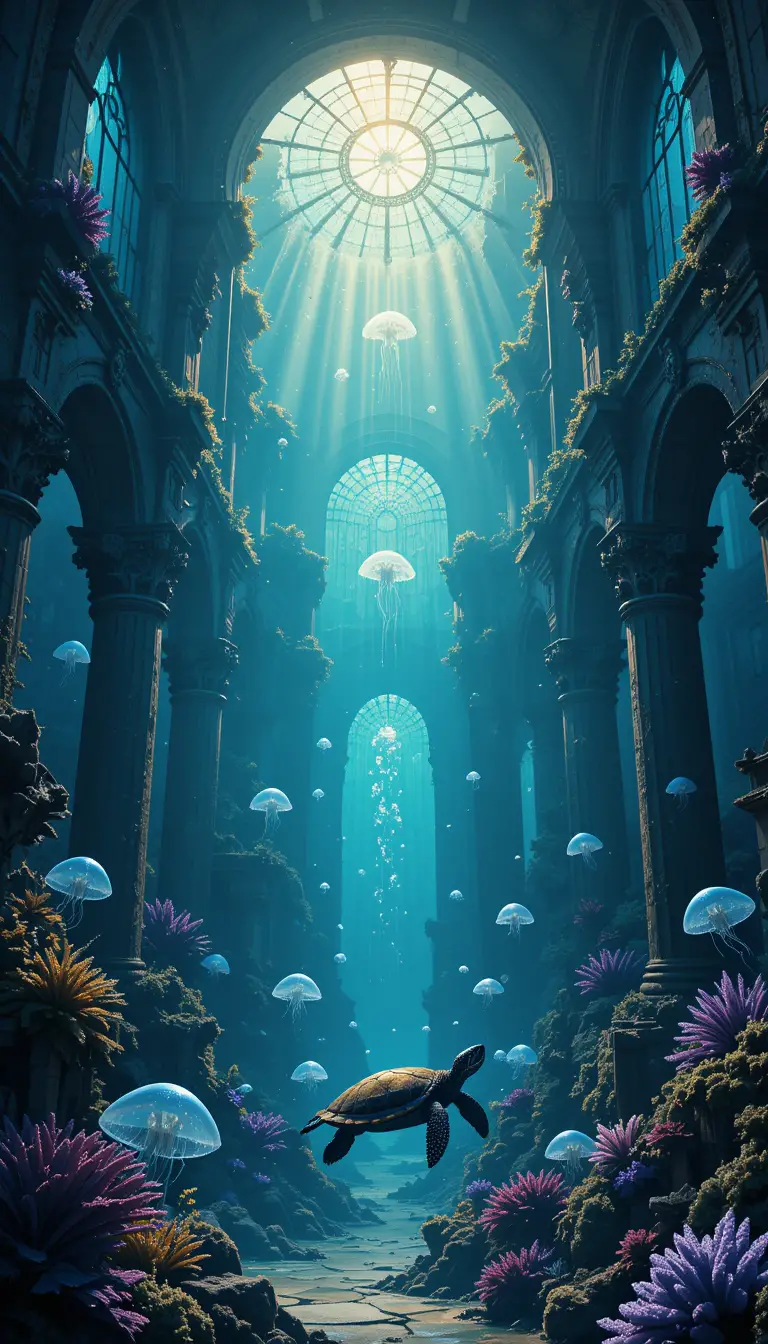 Underwater City Ruins With Glowing Jellyfish And Sunlight Beams