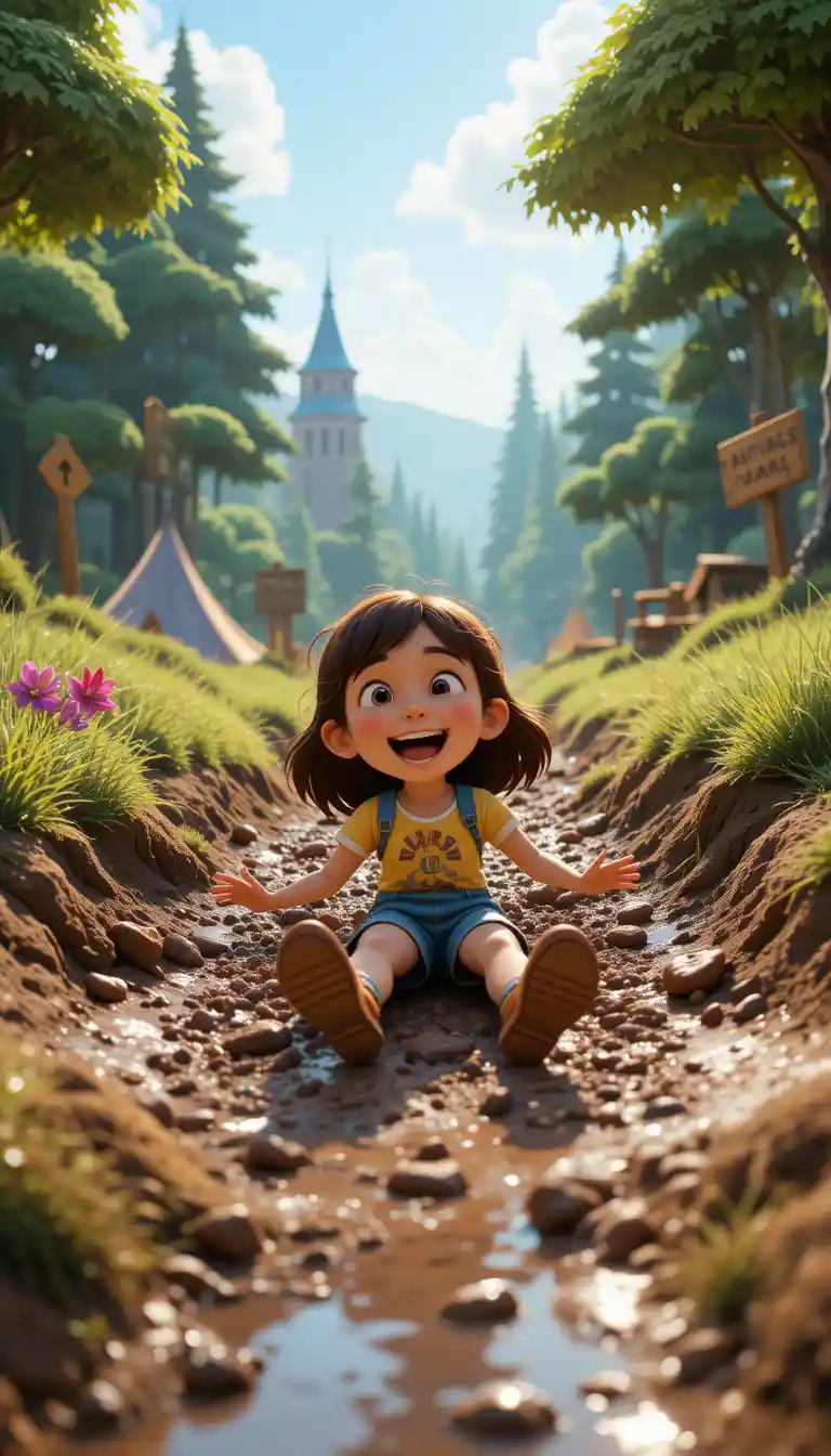 3d cartoon girl sliding down a muddy forest trail
