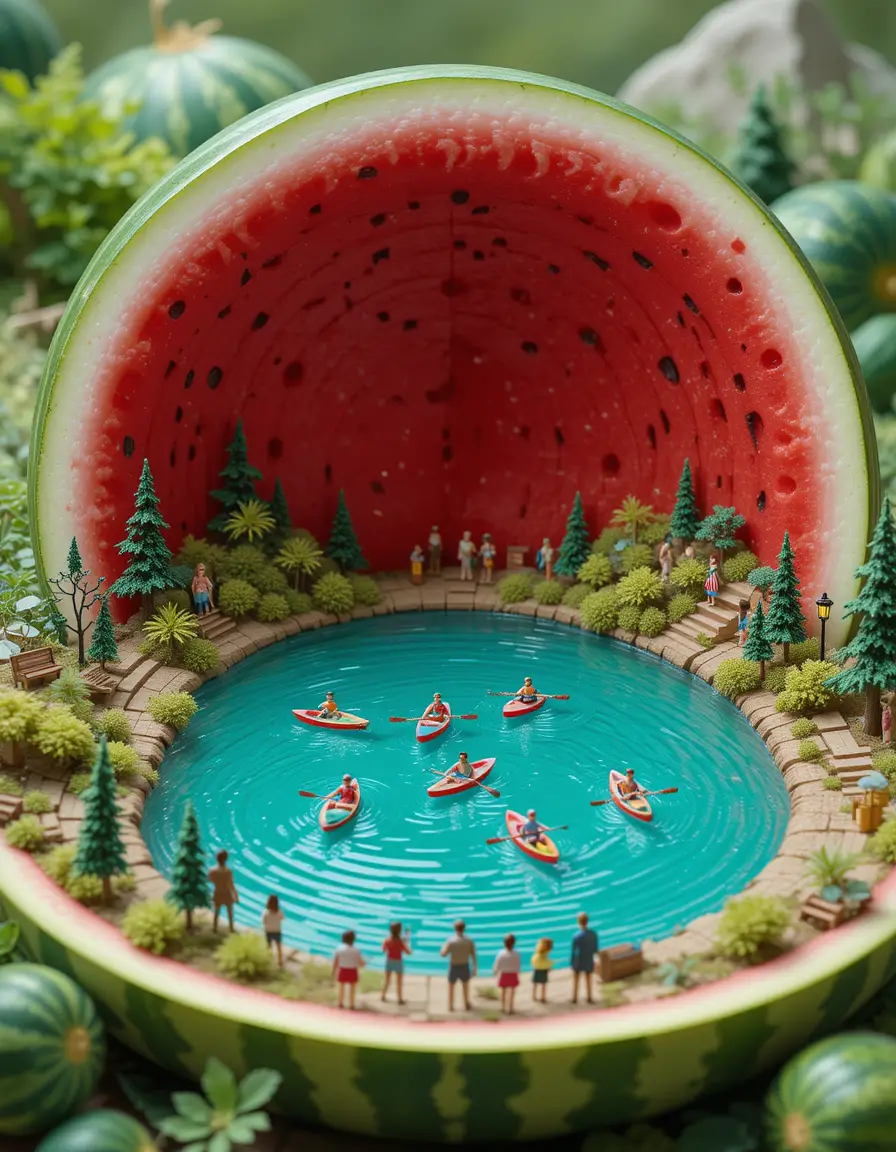 Miniature Lake World Inside A Giant Watermelon