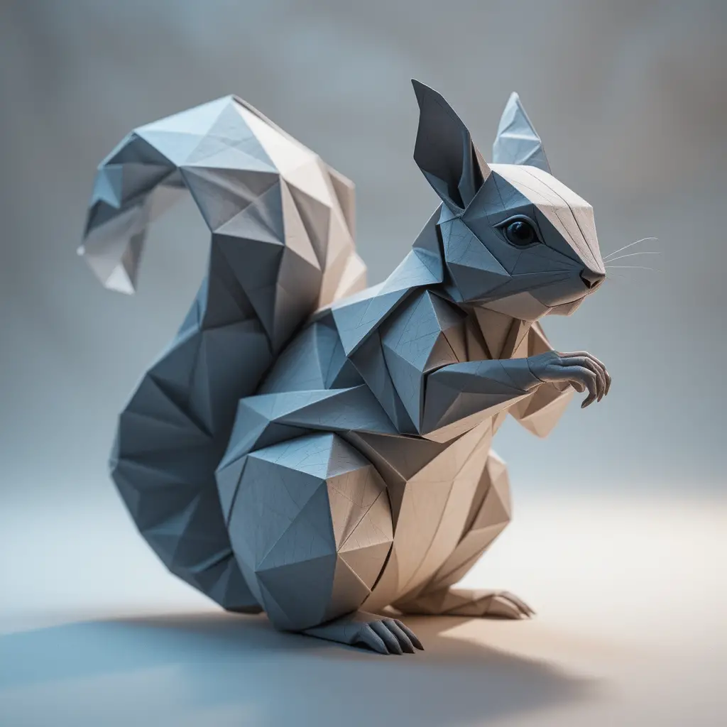 Origami squirrel with geometric folds and soft glowing background