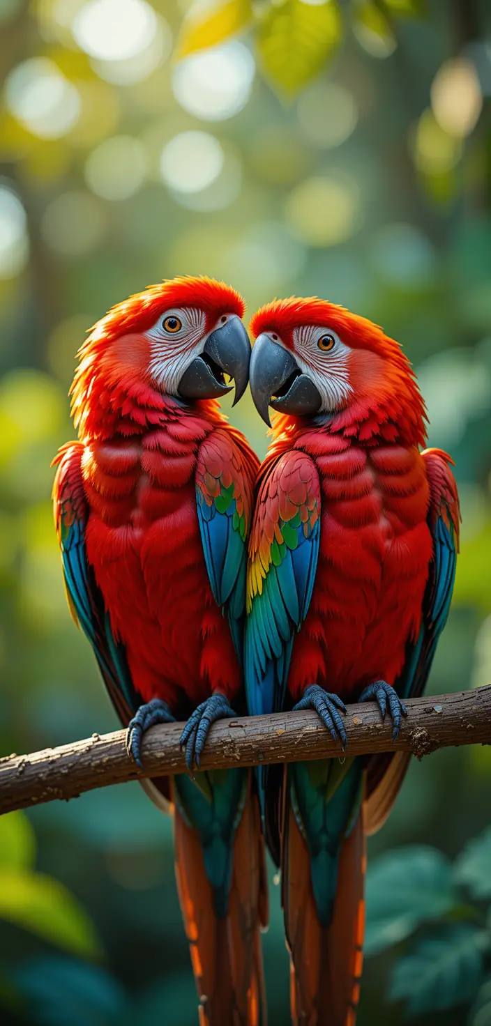 Colorful macaw parrots perched on a sunlit rainforest branch