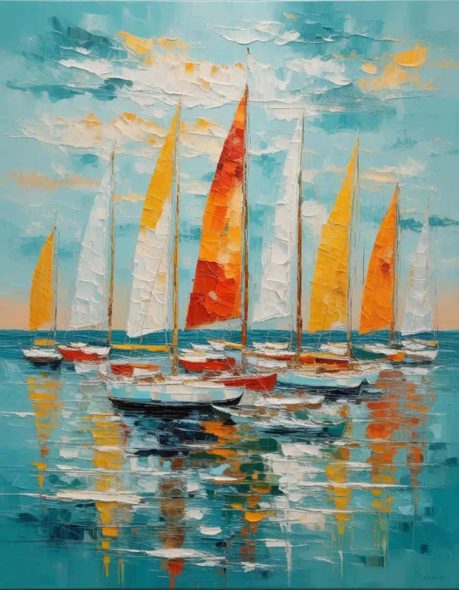 Colorful sailboats on a textured abstract seascape painting