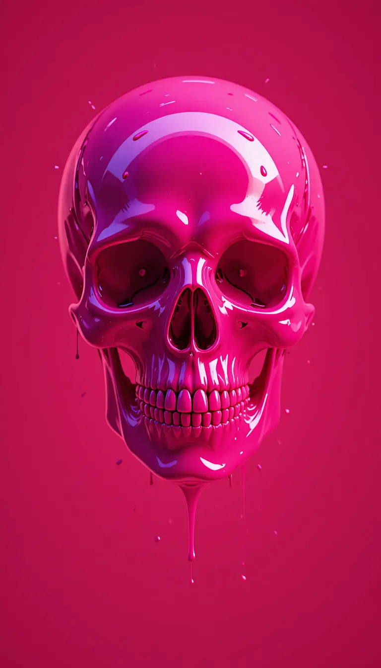 Neon pink skull on glossy abstract background