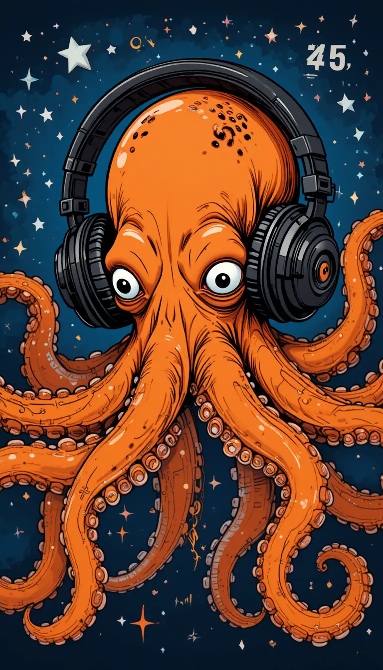 Orange octopus with headphones in a starry blue background