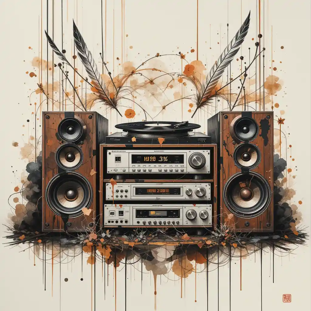 Hi fi audio system in Japanese watercolor illustration style