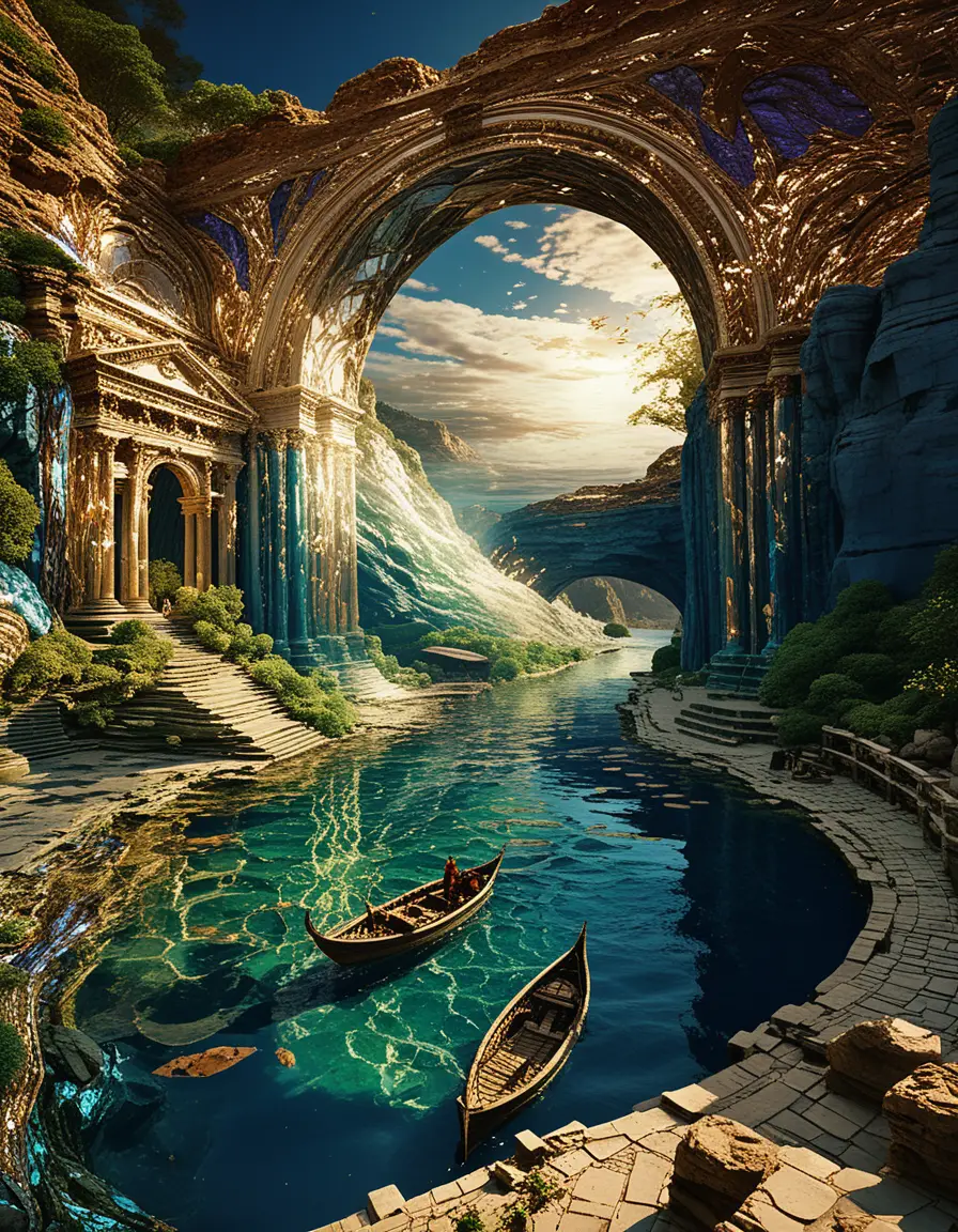 Majestic fantasy river landscape with ancient stone ruins