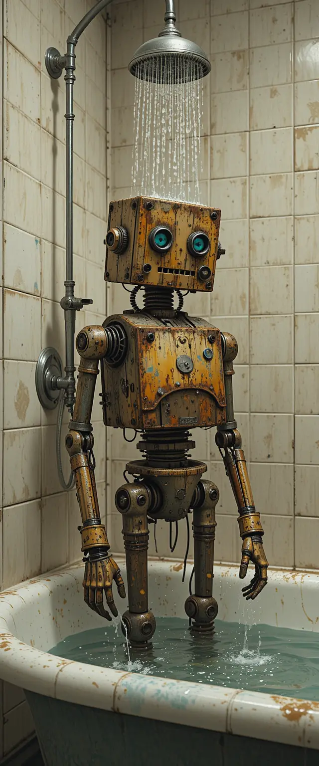 Sad vintage robot standing under running shower water