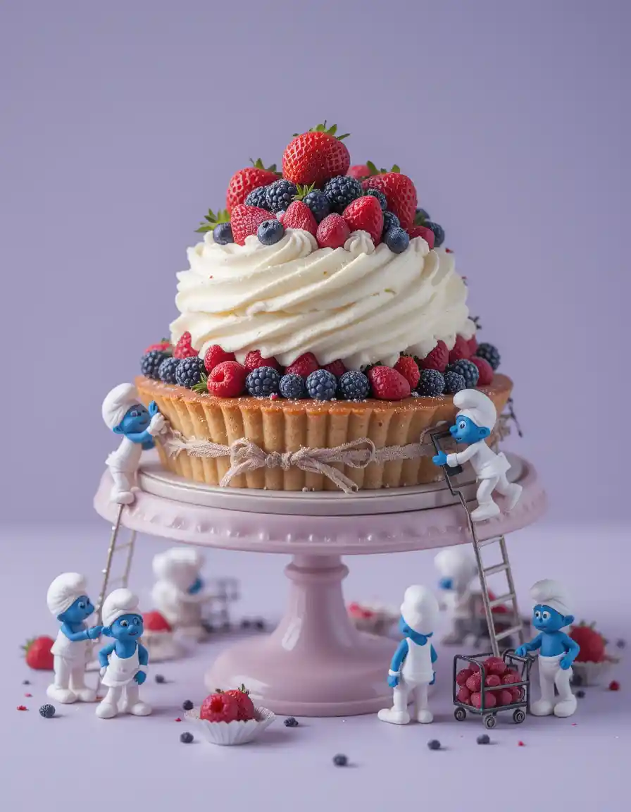 Miniature pastry chefs decorating a giant berry tart