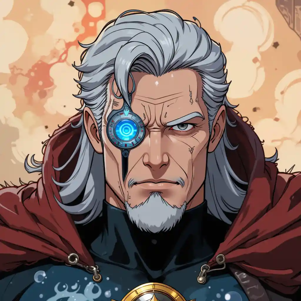 Cyborg monarch with cybernetic eye and facial scars