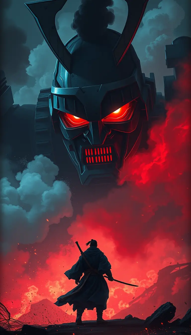 Lone samurai faces colossal mechanical warrior in smoke
