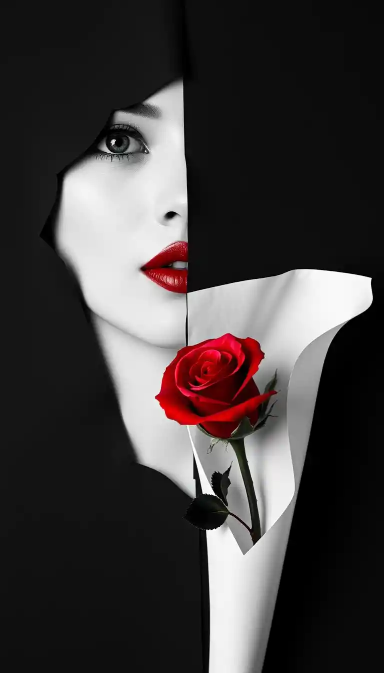 Woman portrait with paper cutout and crimson rose