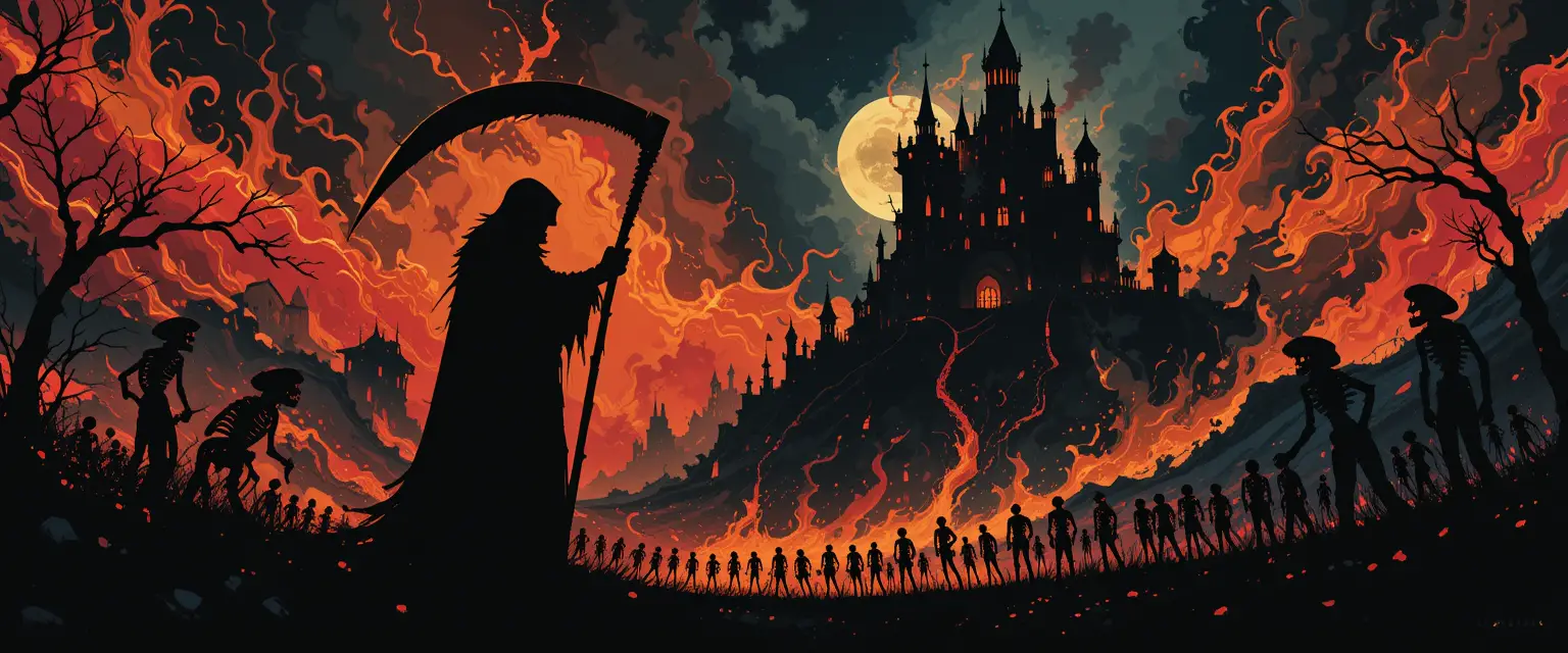 Ukiyo e reaper and hellhound in fiery hellscape