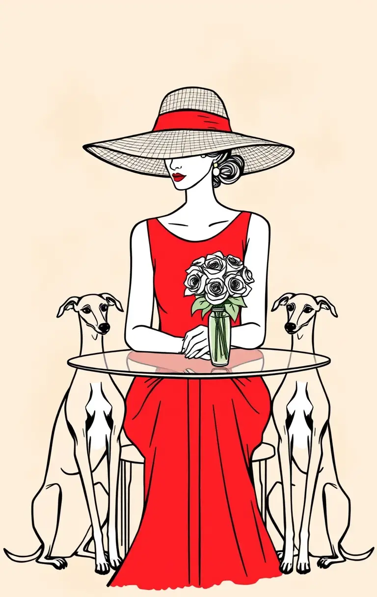 Woman In Red Dress With Greyhounds At Glass Table
