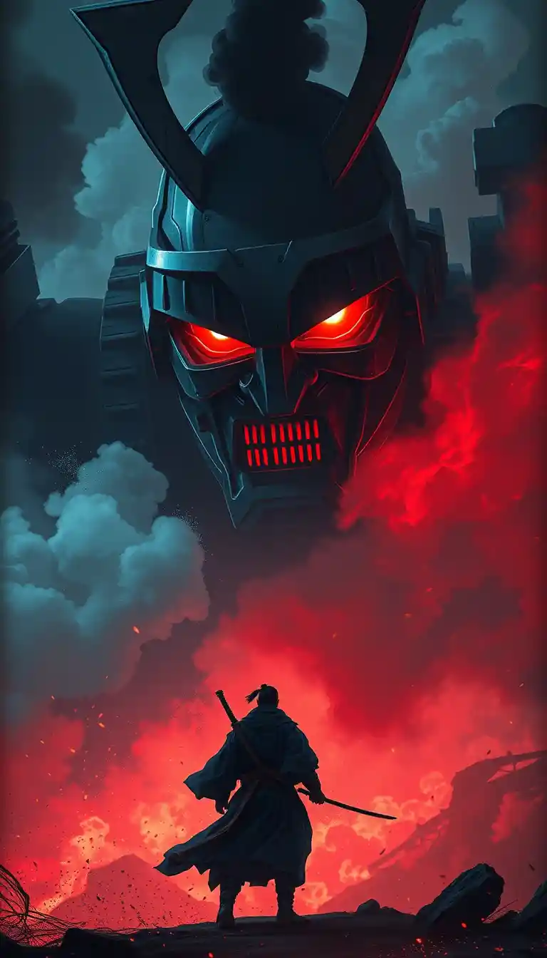 Lone samurai faces colossal mechanical warrior in smoke