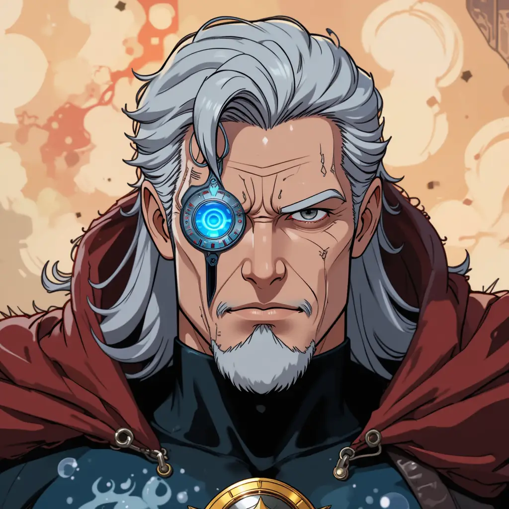 Cyborg monarch with cybernetic eye and facial scars