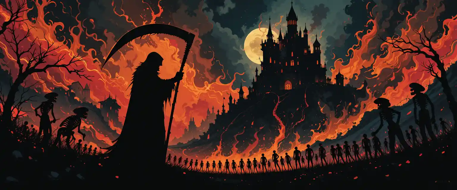 Ukiyo e reaper and hellhound in fiery hellscape