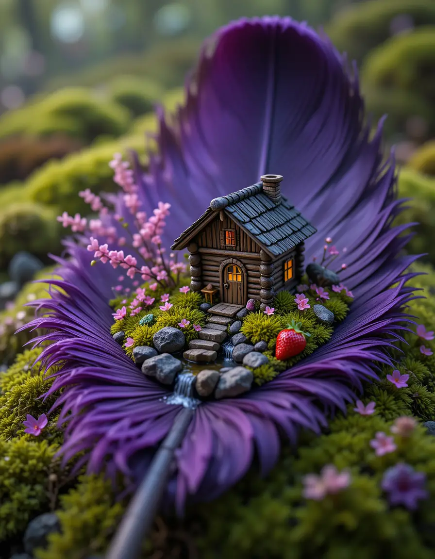 Miniature log cabin on a mossy feather landscape