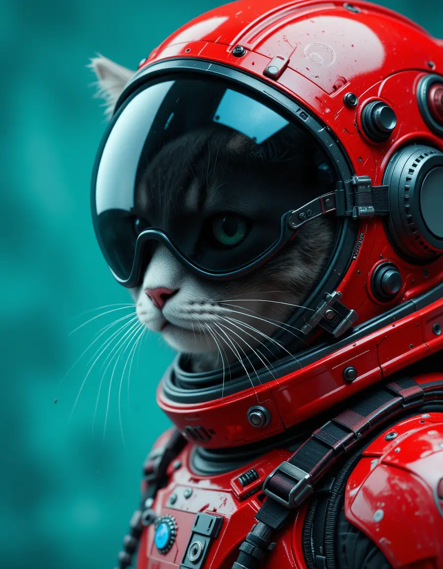 Cat In Red Futuristic Spacesuit With Black Helmet Goggles