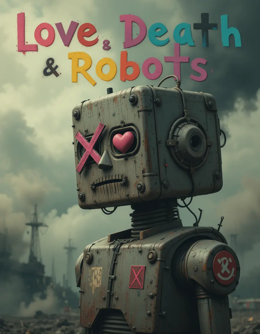 Old robot with stitched mouth under apocalyptic smoky sky