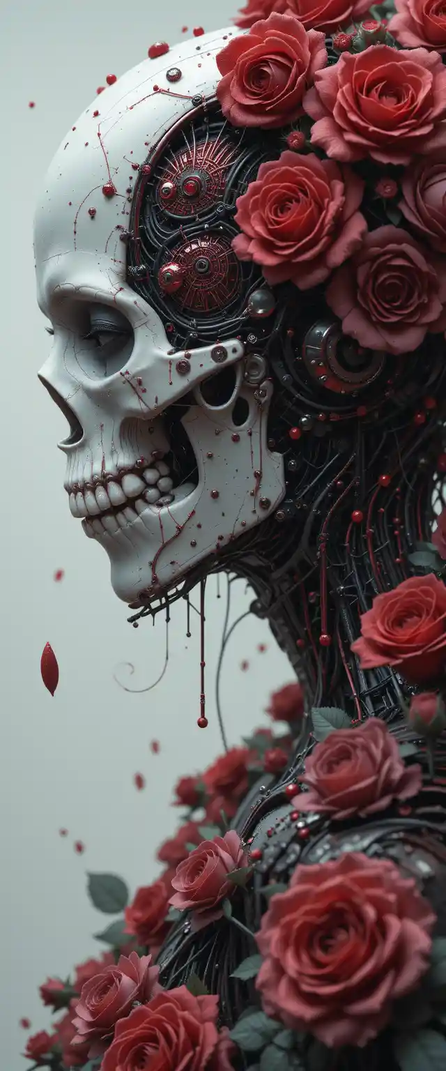 Close up cyberpunk cyborg girl with robotic skull head