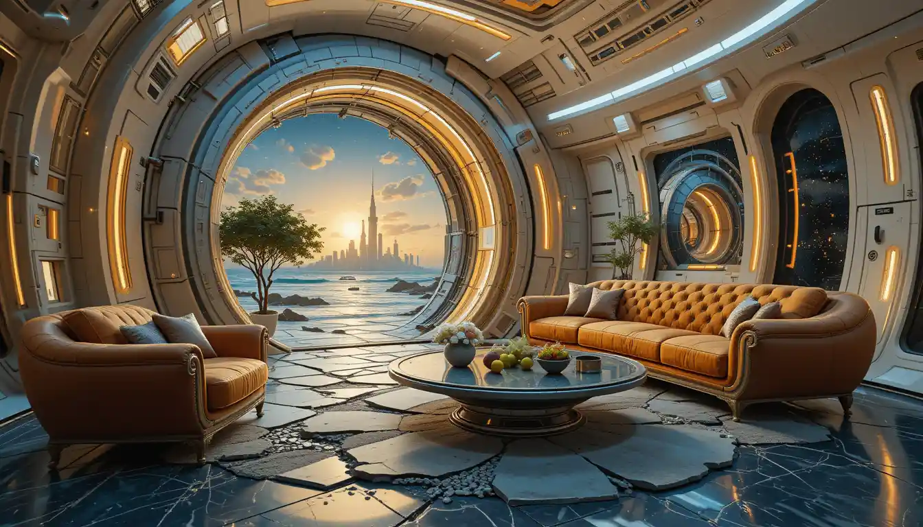 Futuristic spaceship living room with glowing sci fi decor