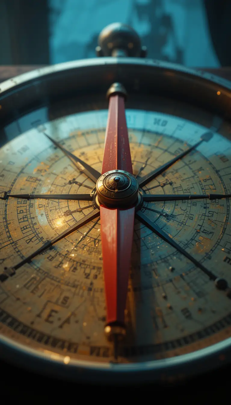 Close up glowing compass with captains reflection