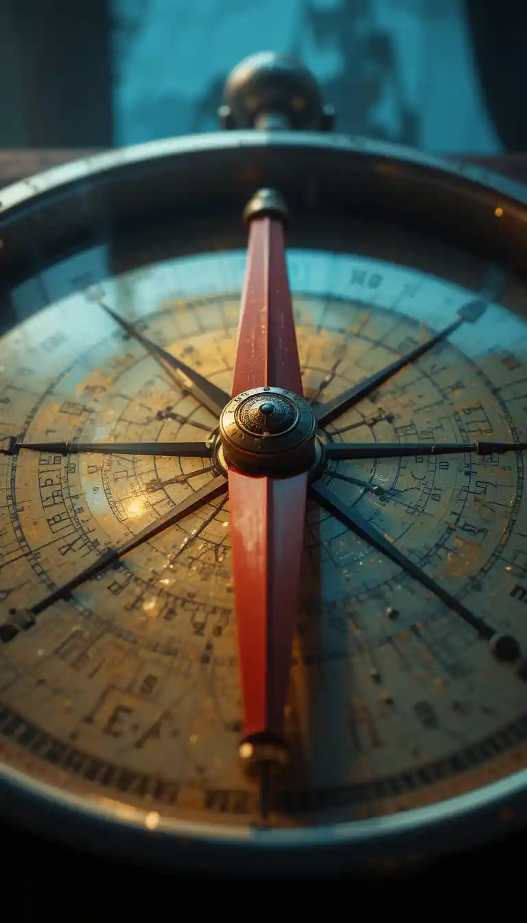 Close up glowing compass with captains reflection