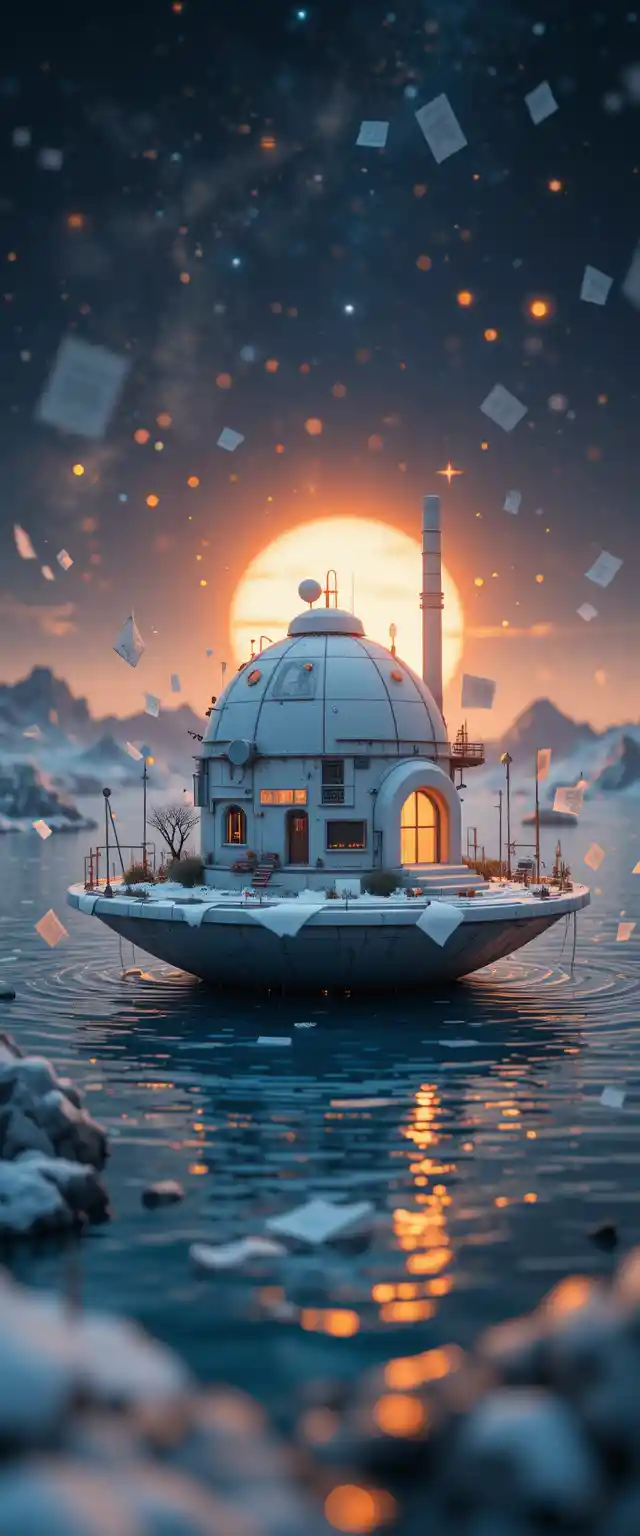 Futuristic floating island house over calm reflective water