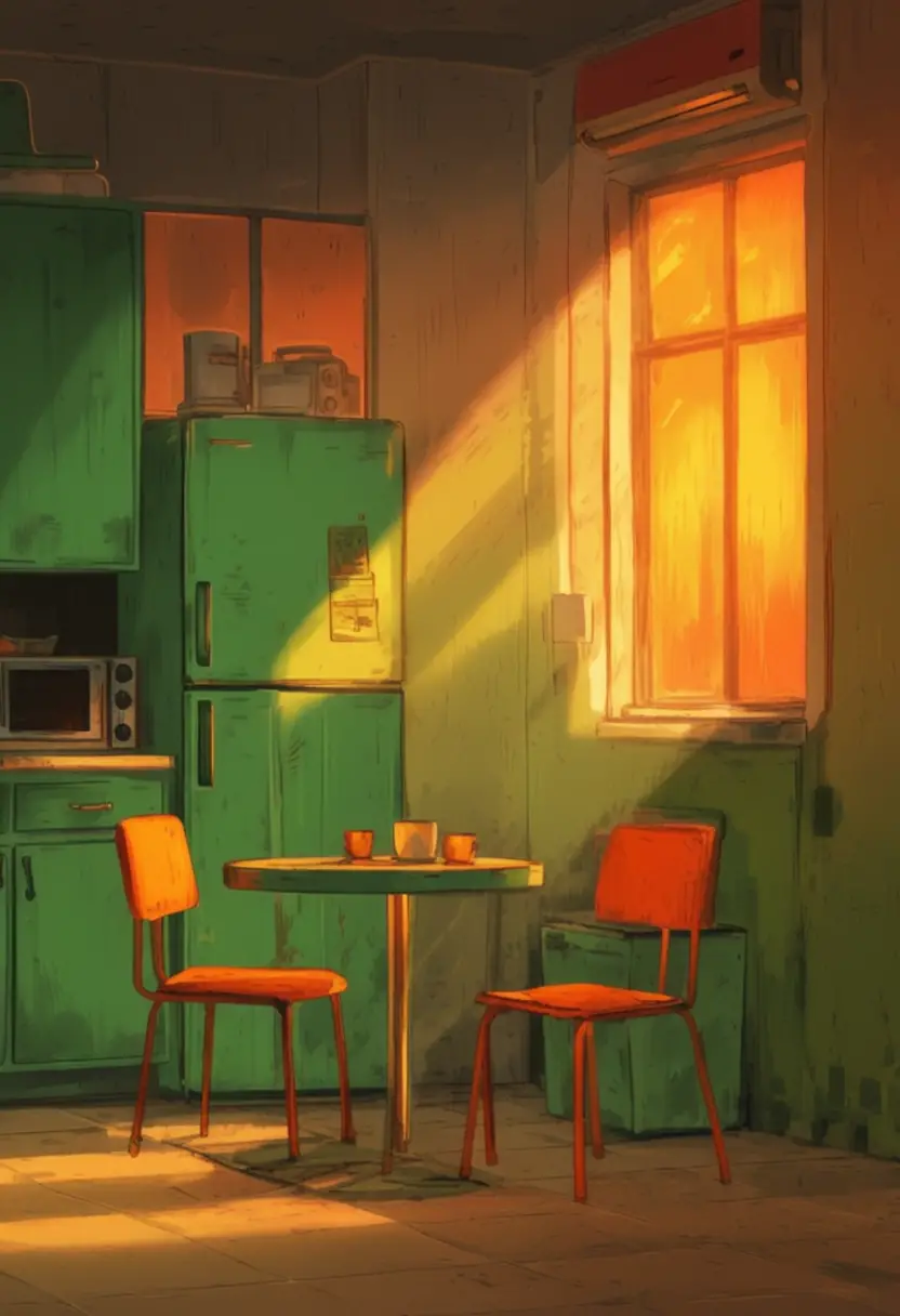 Colorful digital kitchen interior with sunset window light