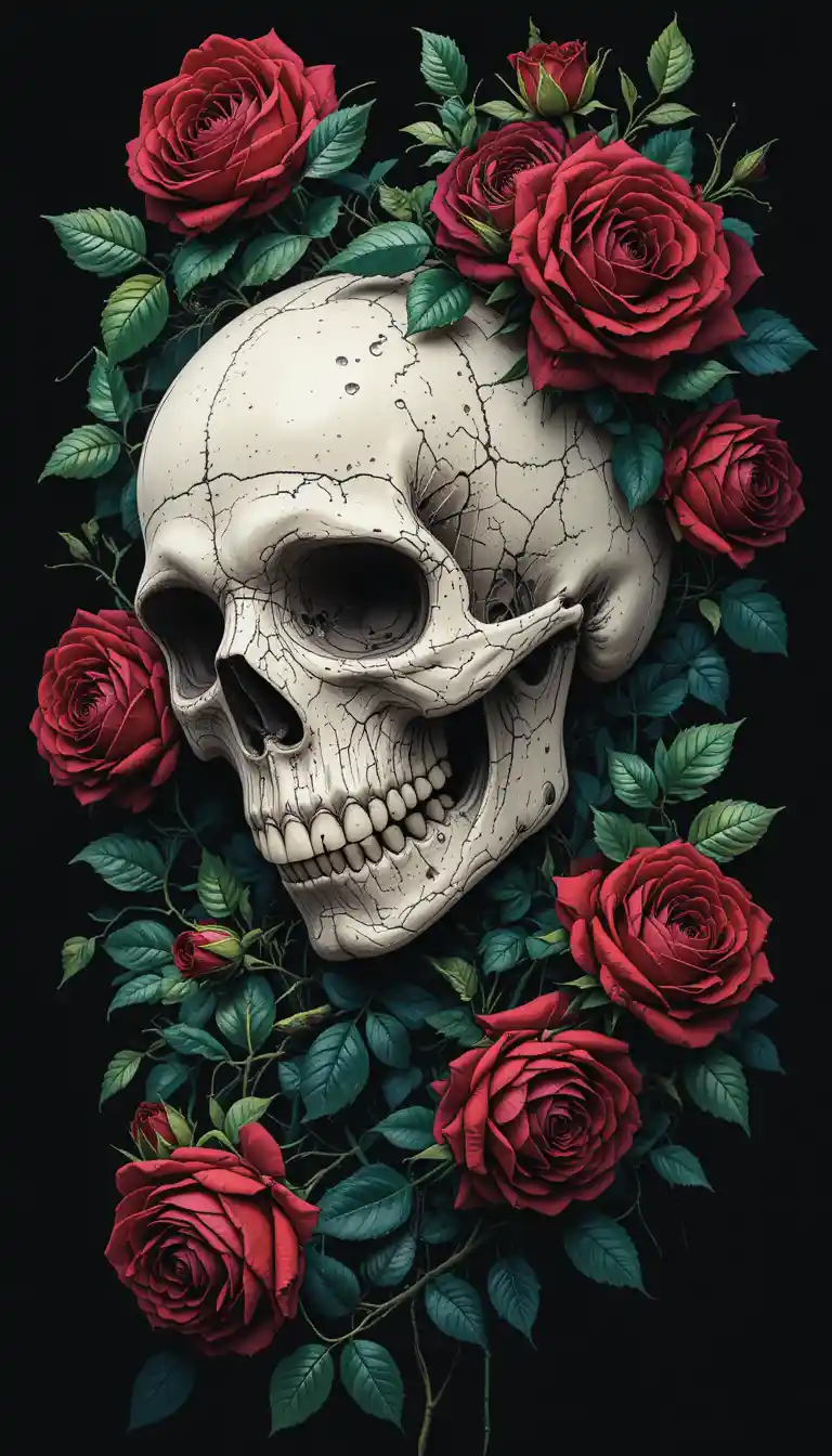 Crâne blanc avec roses rouges sur fond noir sombre