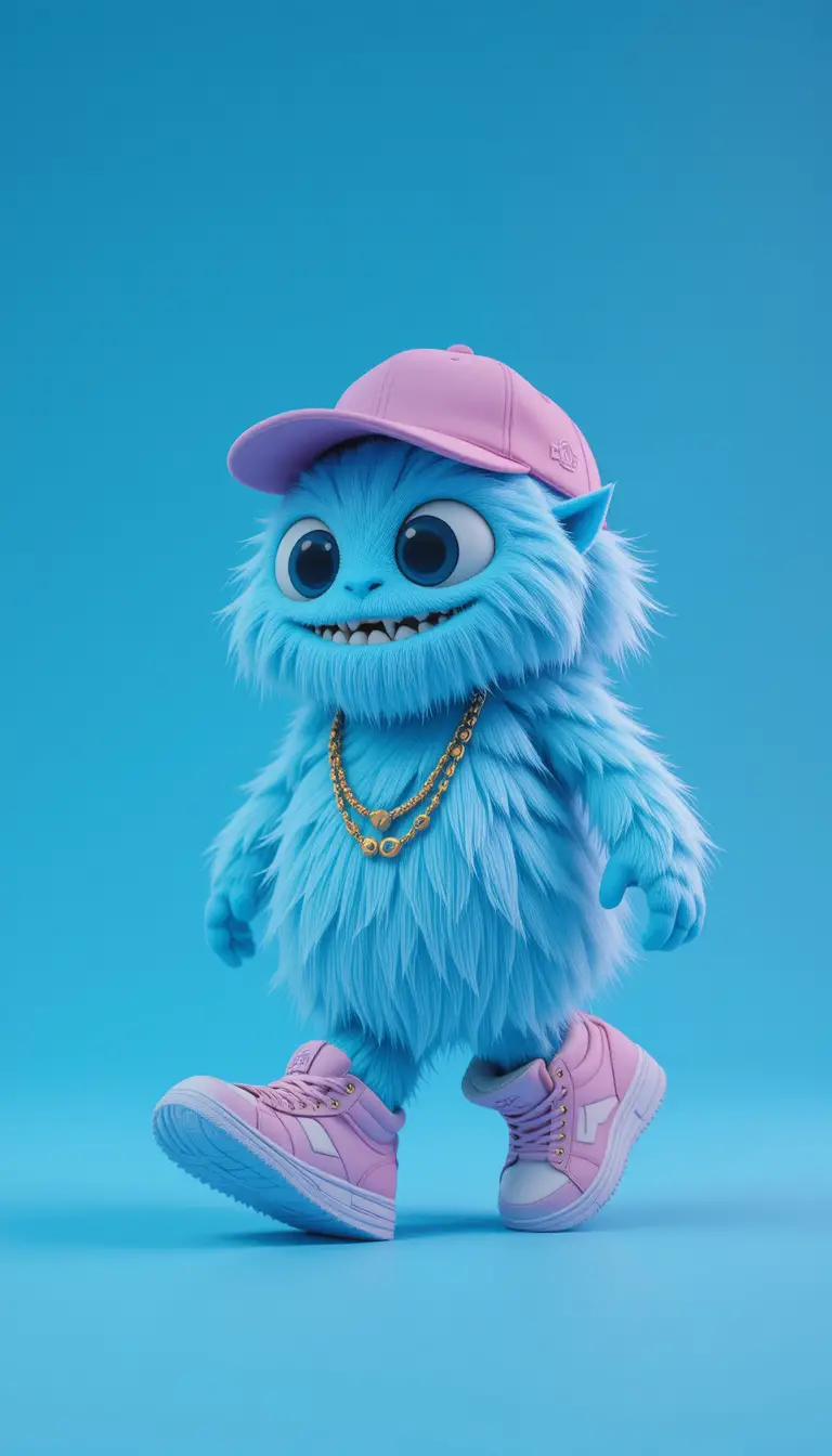 Cute blue monster in pink cap and chunky sneakers