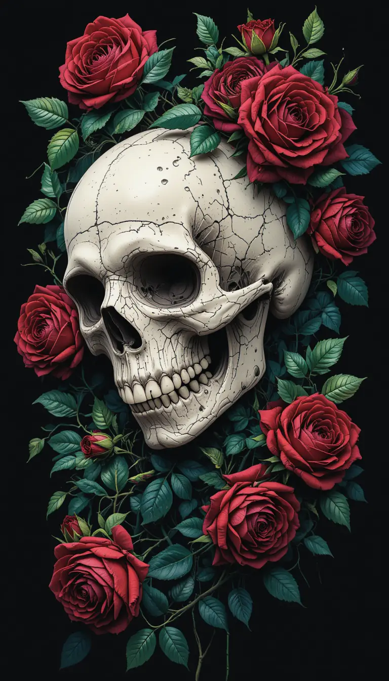 White skull with red roses on dark black background